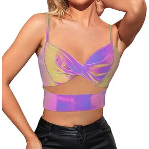 jascaela Women's Sexy Halter Buckle Tops Shiny Reflective Crop Top Punk Goth Bra Top with Waist Chain for Rave Club Party