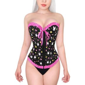 Littleforbig Women's Lace Up Boned Overbust Corset Bustier Bodyshaper Top - Usagi Moon Black