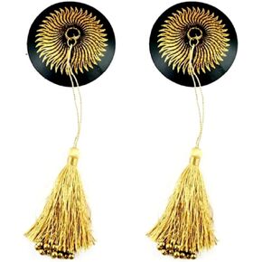 appeeling Tassel Pasties - Sun Goddess Gold Reusable Pasties for Lingerie, Burlesque Costumes, Rave Outfits, Carnival - 2Pcs Glitter Pasty Covers with Removable Beaded Tassel, 2.75 “ x 7"