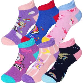 Kids Girls Ankle Socks Unicorn Pattern Non Slip No Show Funny Novelty Fashion Cotton Socks with Grips 6 Pairs