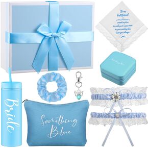 8 قطع شيء أزرق هدية الزفاف للعروس منديل الزفاف 16 أونصة أكريليك نحيف بهلوان دانتيل حزام رباط الملاك باقة ساحرة حقيبة مستحضرات التجميل Scrunchies هدية صندوق مجوهرات in Kuwait