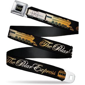 Buckle-Down Holiday Movies Belt, Seatbelt Buckle Belt, Polar Express Train Cars Black Golds, Mens Womens Kids Adjustable