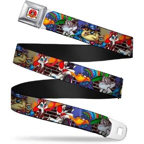 Buckle-Down Seatbelt Belt - Looney Tunes 5-Airbrushed Character Poses/Brick Wall - 1.0" Wide - 20-36 Inches in Length