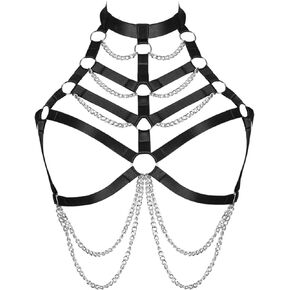 Women Plus Size Body Chain Punk Gothic Harness Bra Tops Cage Hollow Out Halter Belt Halloween Rave Clothing (Black)