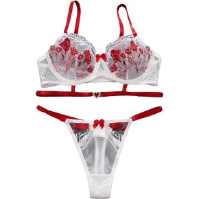 WDIRARA Women's Floral Embroidery Mesh Lace Bow Underwire Lingerie Set Bra and Panty Set