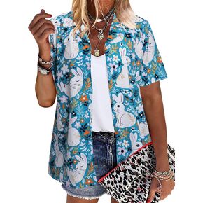 Easter Shirts Women Funny Bunny Eggs Button Down Shirt Cute Rabbit Graphic Tees V Neck Short Sleeve Holiday Tops in Saudi Arabia
