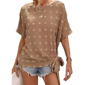 Rooscier Women's Swiss Dots Short Sleeve Tie Knot Hem Round Neck Loose Casual Blouse Top