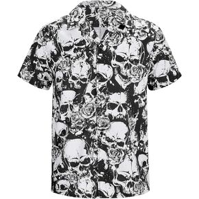 American Trends Halloween Shirts for Men Skull Hawaiian Shirts for Men Button Up Floral Dress Shirts for Men Halloween Costume Adult Skull Flower S