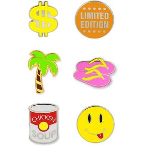 Pincredibles Enamel Pins 6-pack (Flip Flops, Tropical Palm Trees, Dollar Sign, Limited Edition, Chicken Soup, Goofy Face)