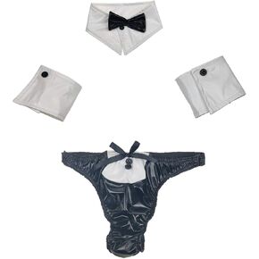 KKmeter Mens Waiter Suit 4 Pcs Bow Tie Collar Brief Shorts Tuxedo Costume Underwear Outfit Set Roleplay Nightclub