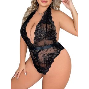 WDIRARA Women's Plus Size Floral Lace Sheer Mesh Halter Tie Back Plunging Teddy Bodysuit Sexy Lingerie