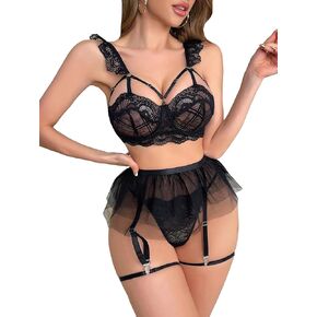 WDIRARA Women's Lace Mesh Ruffle Trim Cut Out Garter Sexy Lingerie Set with Leg Rings