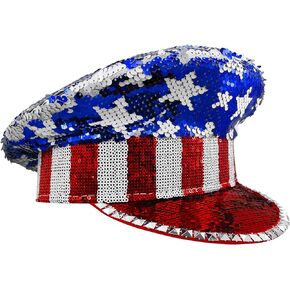 Nicky Bigs Novelties Iridescent Patriotic USA 4th of July American Flag Sequins Military Captain Hat