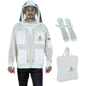 BeeProGear 3-layer Ultra Mesh Beekeeping Jacket for Beekeepers |Fencing Veil Bee Jacket for uni-sex with Sting-Proof Leather gloves and bag (Brown, Medium)