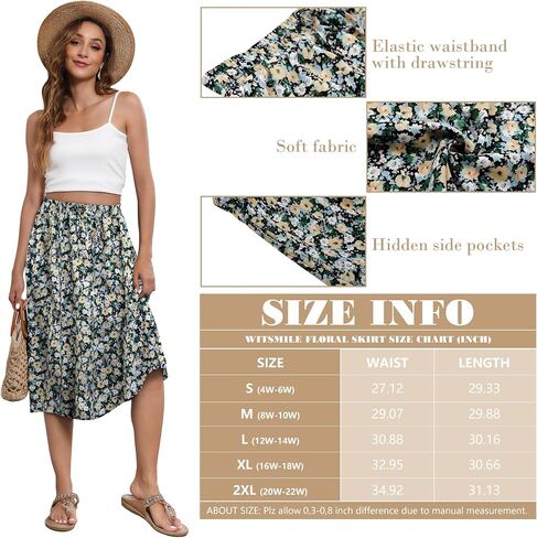 Flowy Skirt Midi Length Elastic High Waist A-Line Skirt with Pockets Bohemia for Women 2024 Trendy(S-2XL) in Saudi Arabia