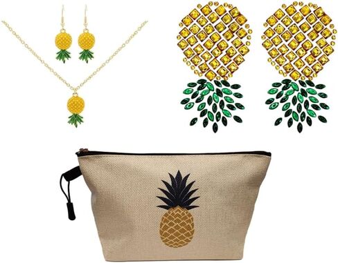 فطائر اللحم المثيرة UPSIDEDOWN PINEAPPLE - مجموعة مجوهرات الأناناس وحقيبة مكياج الأناناس | مجموعة هدايا أقراط الأناناس وقلادة الأناناس | حقيبة مستحضرات التجميل | يغطي الحلمة مثير | حزمة فطائر اللحم الحلمة in Kuwait