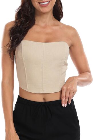 HDE Women's Strapless Linen Corset Y2K Crop Top Bustier Body Shaper Bandeau Top in Saudi Arabia