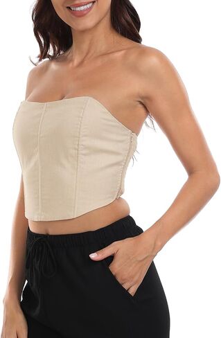 HDE Women's Strapless Linen Corset Y2K Crop Top Bustier Body Shaper Bandeau Top in Saudi Arabia