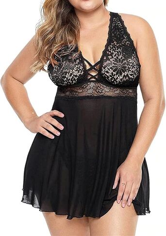 HOTSO Plus Size Lingerie Lace Babydoll Chemise Womens Sexy Strap Teddy Lingerie Nightgown V Neck Nighty Mesh Sleepwear in Saudi Arabia