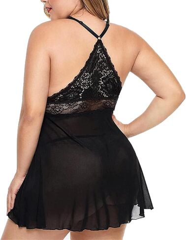 HOTSO Plus Size Lingerie Lace Babydoll Chemise Womens Sexy Strap Teddy Lingerie Nightgown V Neck Nighty Mesh Sleepwear in Saudi Arabia