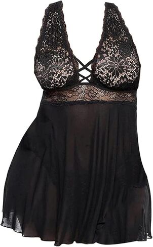 HOTSO Plus Size Lingerie Lace Babydoll Chemise Womens Sexy Strap Teddy Lingerie Nightgown V Neck Nighty Mesh Sleepwear in Saudi Arabia