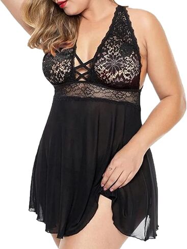 HOTSO Plus Size Lingerie Lace Babydoll Chemise Womens Sexy Strap Teddy Lingerie Nightgown V Neck Nighty Mesh Sleepwear in Saudi Arabia