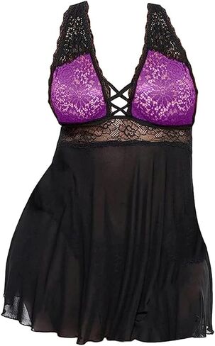 HOTSO Plus Size Lingerie Lace Babydoll Chemise Womens Sexy Strap Teddy Lingerie Nightgown V Neck Nighty Mesh Sleepwear in Saudi Arabia