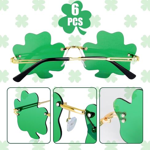JUSTOTRY 6 قطع نظارات يوم القديس باتريك - شامروك أربع أوراق البرسيم تصميم أخضر محظوظ البلاستيك مصراع نظارات ظلال النظارات الشمسية لملحقات يوم القديس باتريك Irich لوازم زينة الحفلات in Kuwait