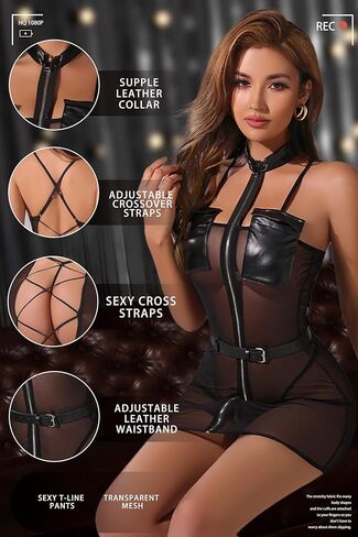 فستان ADSEXY نسائي مثير لحفلات النادي بدون حمالات شفاف من خلال Bodycon Pu جلد أسود مكشكش من اللاتكس in Kuwait