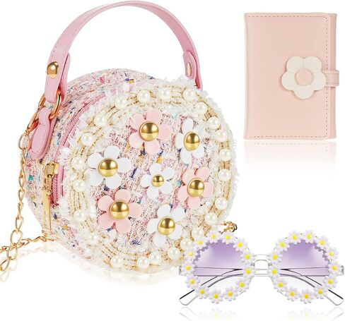 SilTriangle 3 Pcs Little Girl Purse Pearl Flowers Crossbody Cute Small Princess Handbags with Pink Wallet Daisy Sunglasses Mini Round Shoulder Chain Bag for Kids Toddler Birthday Christmas Gifts in Saudi Arabia