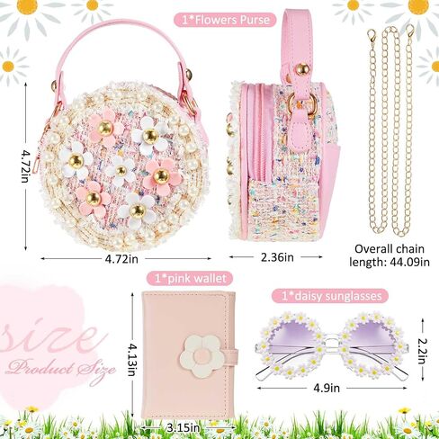 SilTriangle 3 Pcs Little Girl Purse Pearl Flowers Crossbody Cute Small Princess Handbags with Pink Wallet Daisy Sunglasses Mini Round Shoulder Chain Bag for Kids Toddler Birthday Christmas Gifts in Saudi Arabia