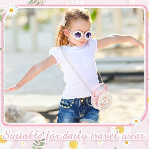 SilTriangle 3 Pcs Little Girl Purse Pearl Flowers Crossbody Cute Small Princess Handbags with Pink Wallet Daisy Sunglasses Mini Round Shoulder Chain Bag for Kids Toddler Birthday Christmas Gifts in Saudi Arabia