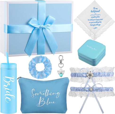 8 قطع شيء أزرق هدية الزفاف للعروس منديل الزفاف 16 أونصة أكريليك نحيف بهلوان دانتيل حزام رباط الملاك باقة ساحرة حقيبة مستحضرات التجميل Scrunchies هدية صندوق مجوهرات in Kuwait