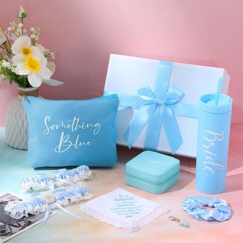 8 قطع شيء أزرق هدية الزفاف للعروس منديل الزفاف 16 أونصة أكريليك نحيف بهلوان دانتيل حزام رباط الملاك باقة ساحرة حقيبة مستحضرات التجميل Scrunchies هدية صندوق مجوهرات in Kuwait