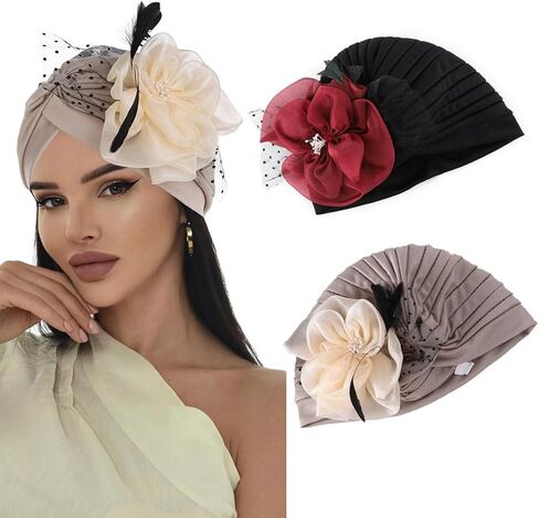 Yeilhile African Flower Headwrap for Women Pre-Tied Elastic Head Wraps Feather Floral Turban Beanie Caps Prom Party (Pack of 2) Black Beige in Kuwait