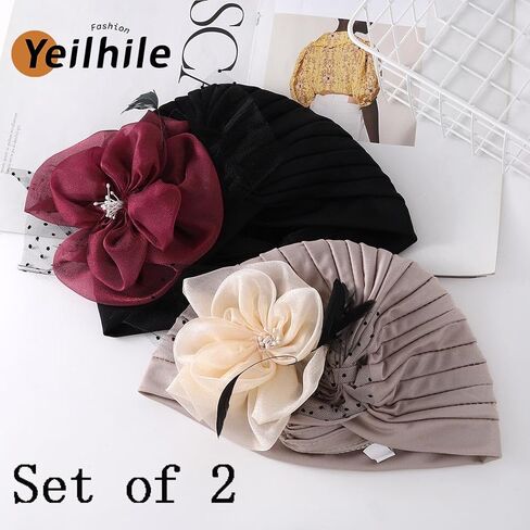 Yeilhile African Flower Headwrap for Women Pre-Tied Elastic Head Wraps Feather Floral Turban Beanie Caps Prom Party (Pack of 2) Black Beige in Kuwait