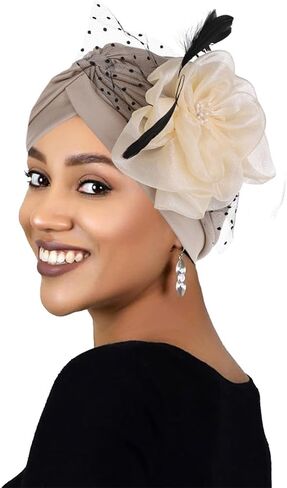Yeilhile African Flower Headwrap for Women Pre-Tied Elastic Head Wraps Feather Floral Turban Beanie Caps Prom Party (Pack of 2) Black Beige in Kuwait