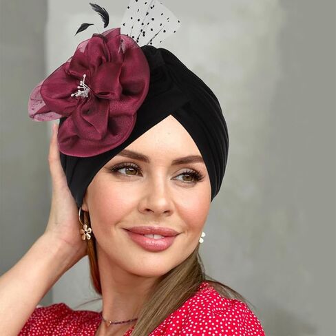 Yeilhile African Flower Headwrap for Women Pre-Tied Elastic Head Wraps Feather Floral Turban Beanie Caps Prom Party (Pack of 2) Black Beige in Kuwait
