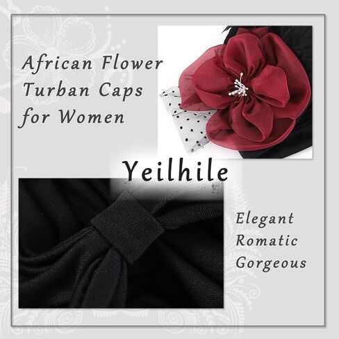 Yeilhile African Flower Headwrap for Women Pre-Tied Elastic Head Wraps Feather Floral Turban Beanie Caps Prom Party (Pack of 2) Black Beige in Kuwait