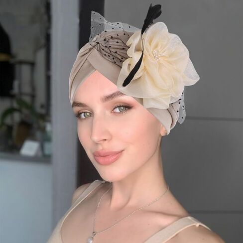 Yeilhile African Flower Headwrap for Women Pre-Tied Elastic Head Wraps Feather Floral Turban Beanie Caps Prom Party (Pack of 2) Black Beige in Kuwait