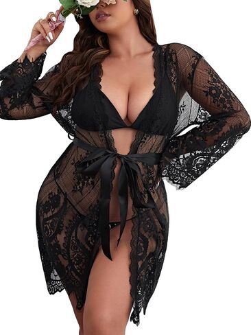 COZYEASE Women's Plus Lingerie Set Floral Lace Long Sleeve Mesh Belted Robe with V-strings Low Rise Thong Nightgown Set in Saudi Arabia