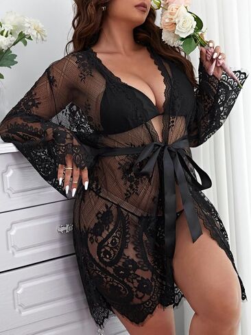 COZYEASE Women's Plus Lingerie Set Floral Lace Long Sleeve Mesh Belted Robe with V-strings Low Rise Thong Nightgown Set in Saudi Arabia