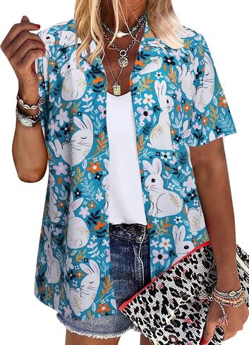 Easter Shirts Women Funny Bunny Eggs Button Down Shirt Cute Rabbit Graphic Tees V Neck Short Sleeve Holiday Tops in Saudi Arabia