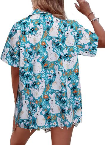 Easter Shirts Women Funny Bunny Eggs Button Down Shirt Cute Rabbit Graphic Tees V Neck Short Sleeve Holiday Tops in Saudi Arabia