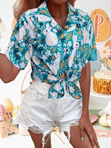 Easter Shirts Women Funny Bunny Eggs Button Down Shirt Cute Rabbit Graphic Tees V Neck Short Sleeve Holiday Tops in Saudi Arabia