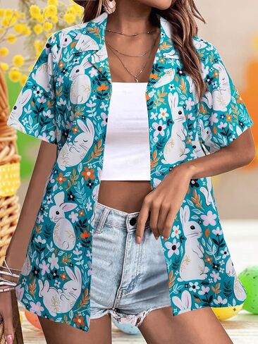 Easter Shirts Women Funny Bunny Eggs Button Down Shirt Cute Rabbit Graphic Tees V Neck Short Sleeve Holiday Tops in Saudi Arabia