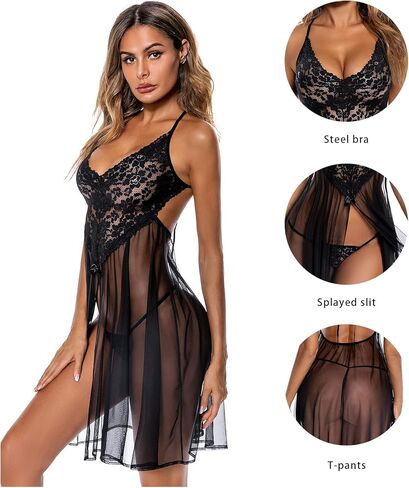 ملابس داخلية ADSEXY للنساء من الدانتيل الشفاف بدون أكمام قميص بيبي دول صغير مثير شفاف من خلال ثوب النوم رداء إهمال بوش أب in Kuwait