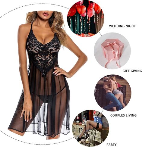 ملابس داخلية ADSEXY للنساء من الدانتيل الشفاف بدون أكمام قميص بيبي دول صغير مثير شفاف من خلال ثوب النوم رداء إهمال بوش أب in Kuwait