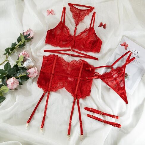 Lidogirl Women Lingerie Set With Removable Choker Eyelash Lace Bra and Panty Set in Saudi Arabia