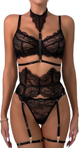 Lidogirl Women Lingerie Set With Removable Choker Eyelash Lace Bra and Panty Set in Saudi Arabia